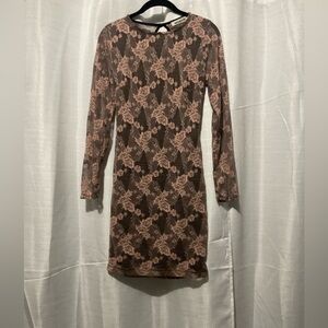 Mystic Floral Lace Bodycon Dress - Mauve Pink & Black - Size S  Open Back Detail